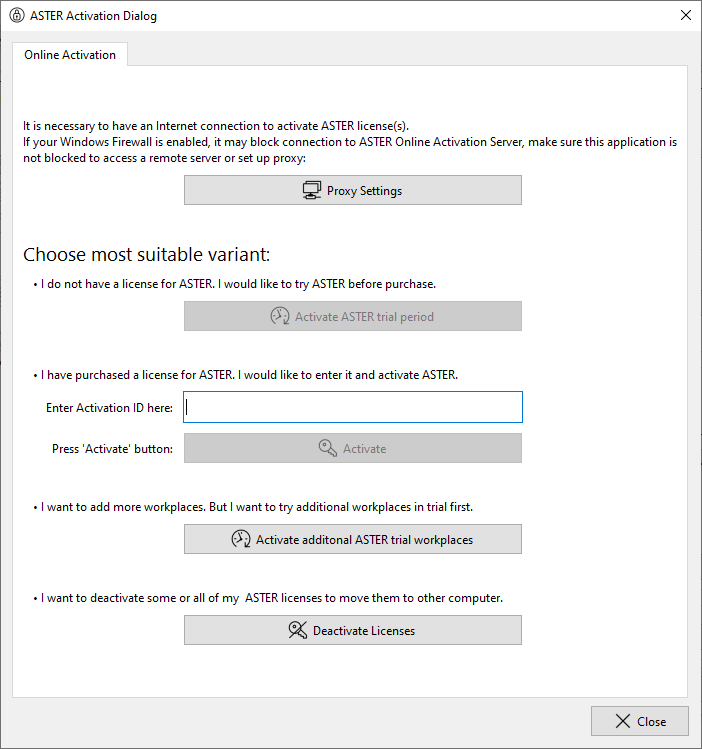ASTER Activation Dialog